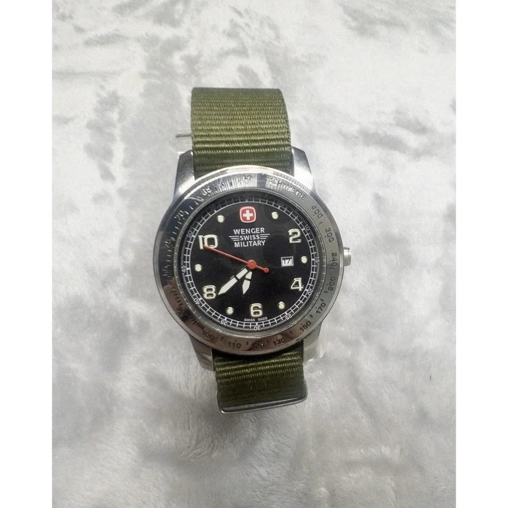 Wenger Swiss Military Mens 38mm Watch Black Dial Tachymeter New Battery Strap
